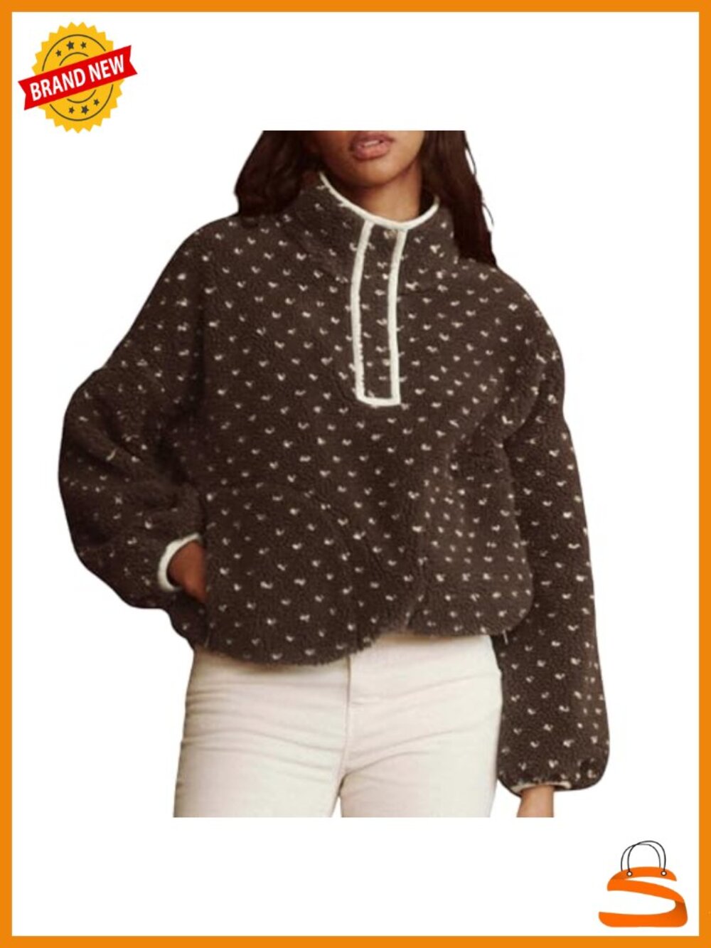 Womens Fleece Pullover Fuzzy Sherpa High Neck Button Sweatshirt